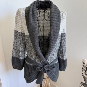 BCBGMAXAZRIA Gray Striped Tie-Waist Shawl Collar Cardigan Sweater- Small